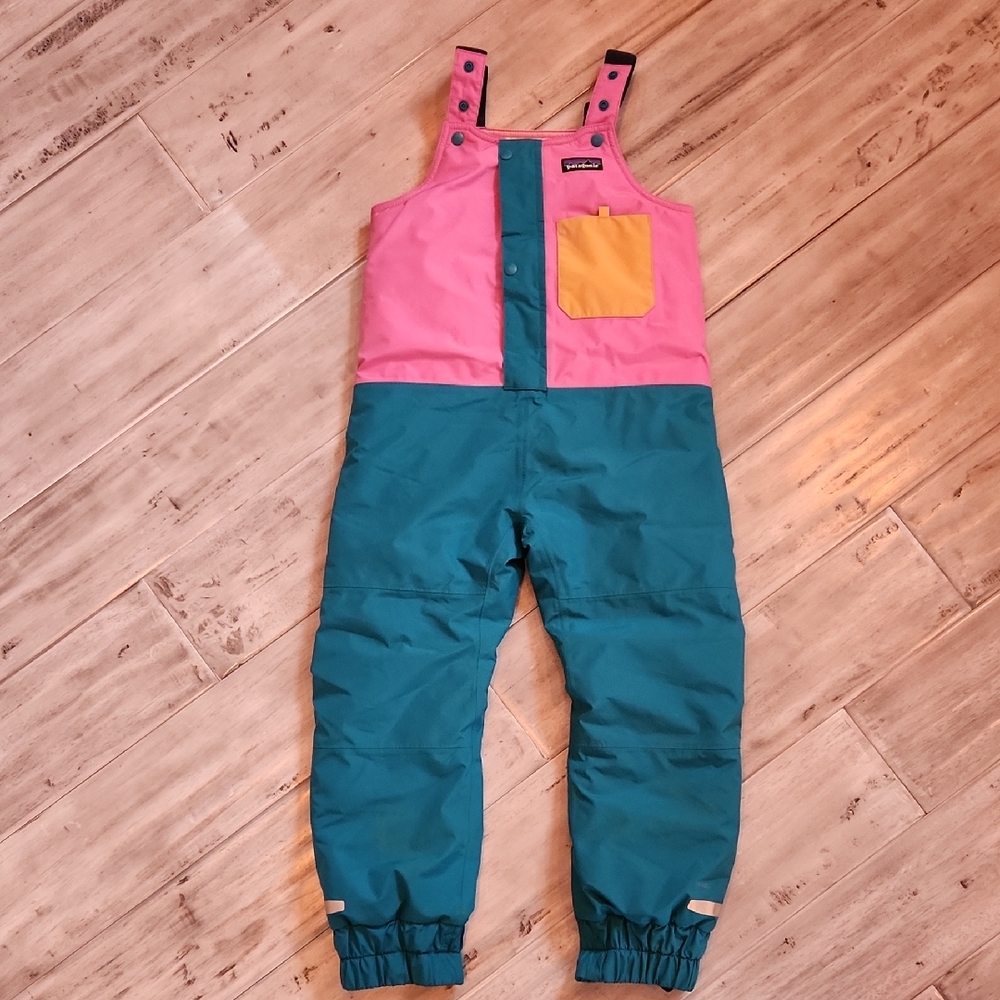 Patagonia Pink and Blue Snow Pile Bibs with Color Blocking